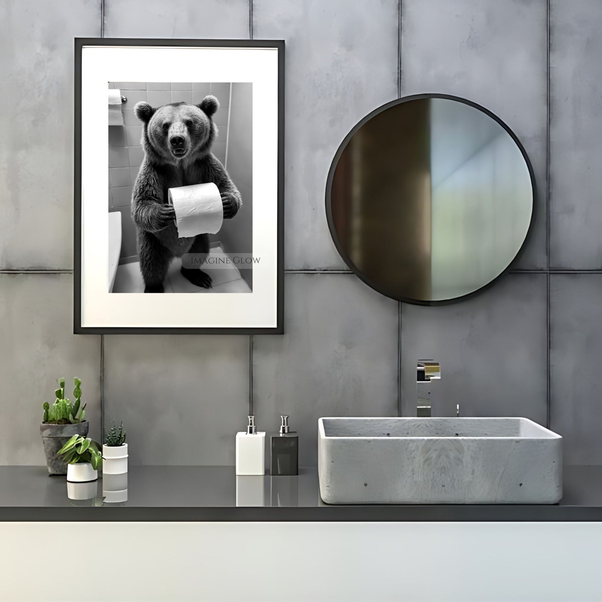 Funny animal print for bathroom wall art with a bear theme.