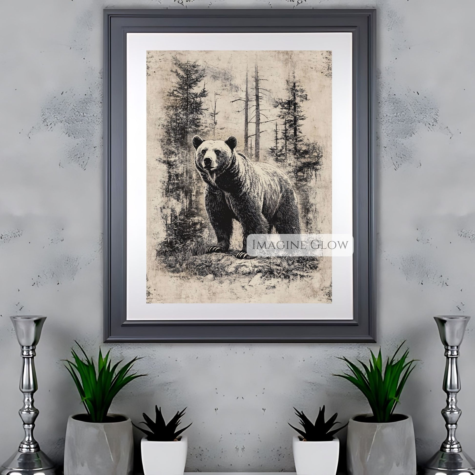 Digital download vintage bear in forest wildlife art.