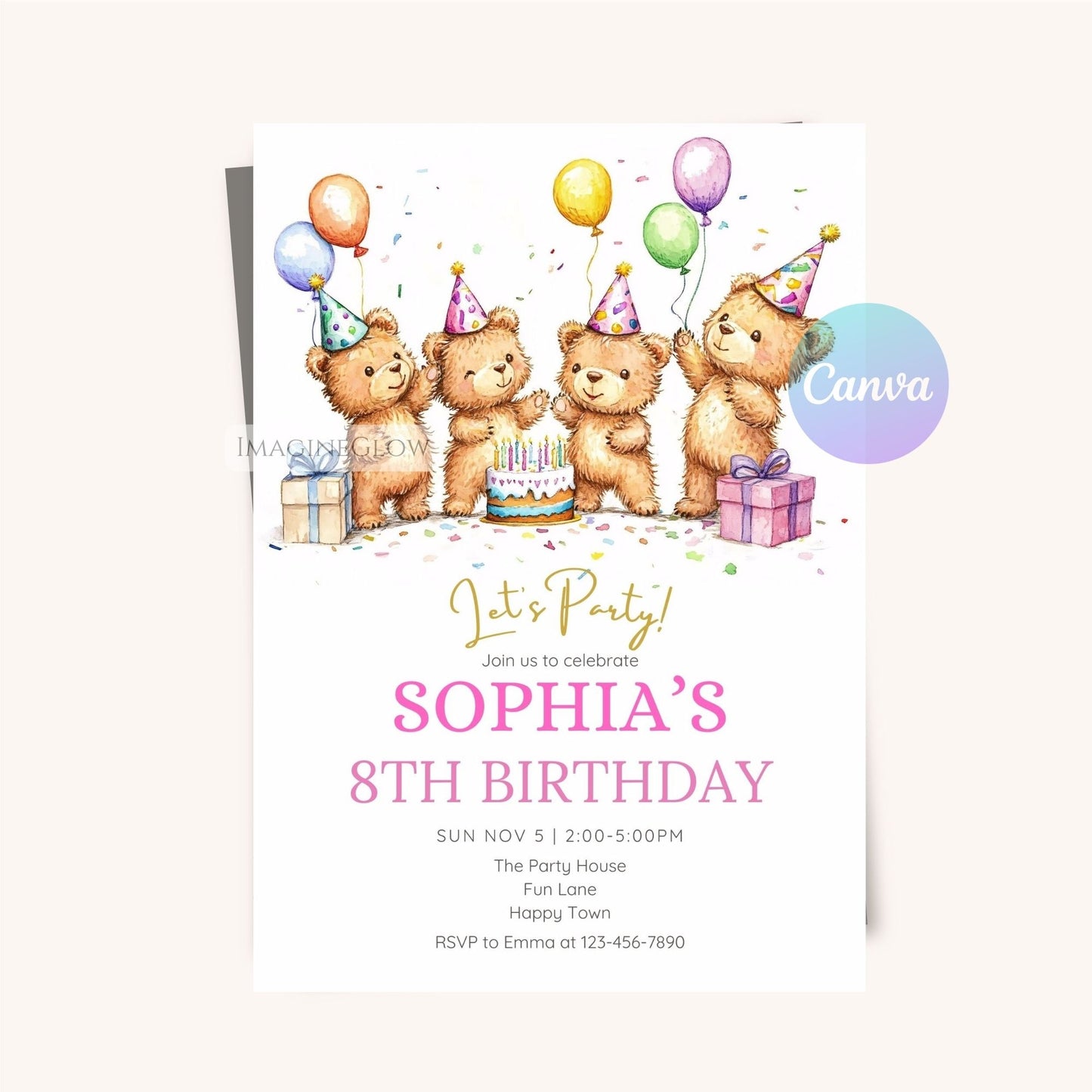 Bear birthday party invite for kids’ celebration.