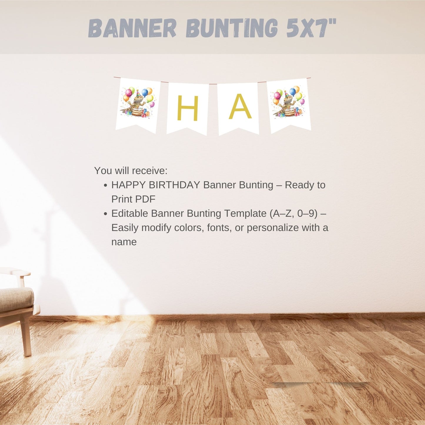 Banner bunting with 'HAPPY BIRTHDAY' text and letters on a wall.