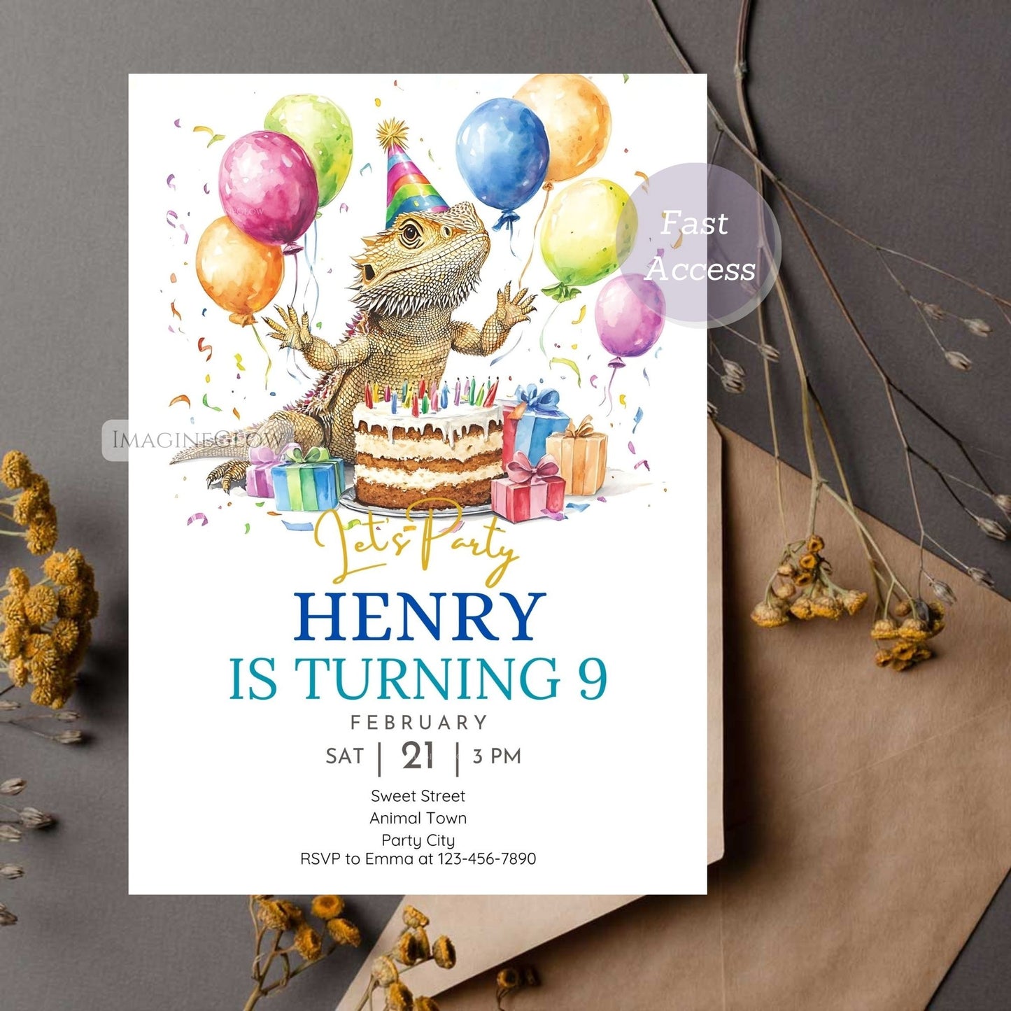 Fun reptile-themed birthday invite featuring a bearded dragon.