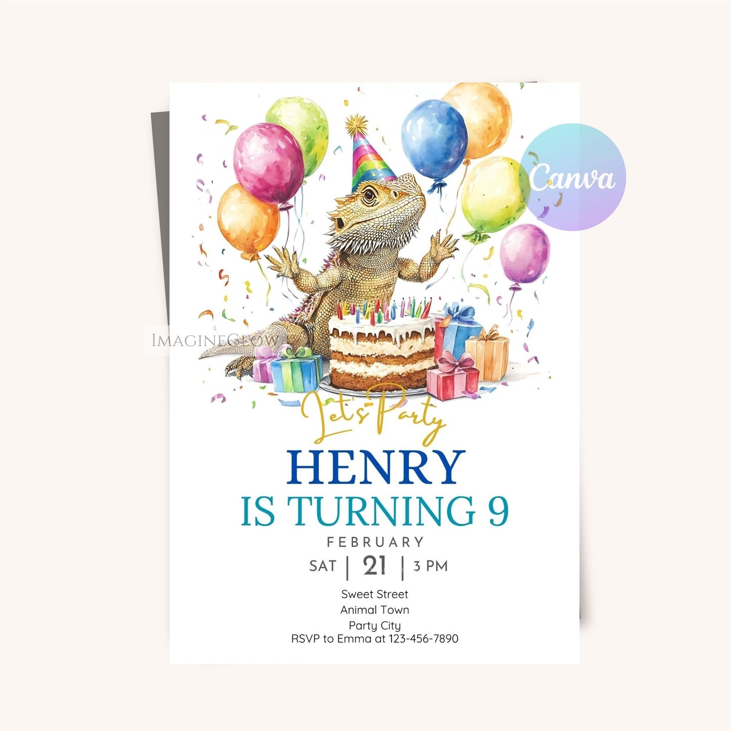 Reptile party invite with a fun bearded dragon design.
Printable bearded dragon birthday invitation for reptile lovers.