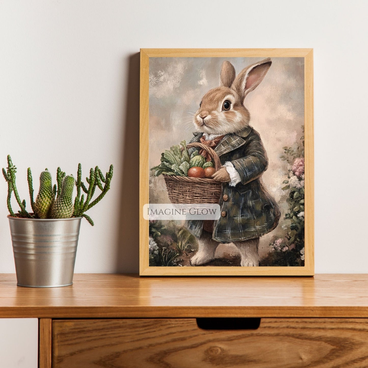Countryside bunny wall art in a Beatrix Potter-inspired style.