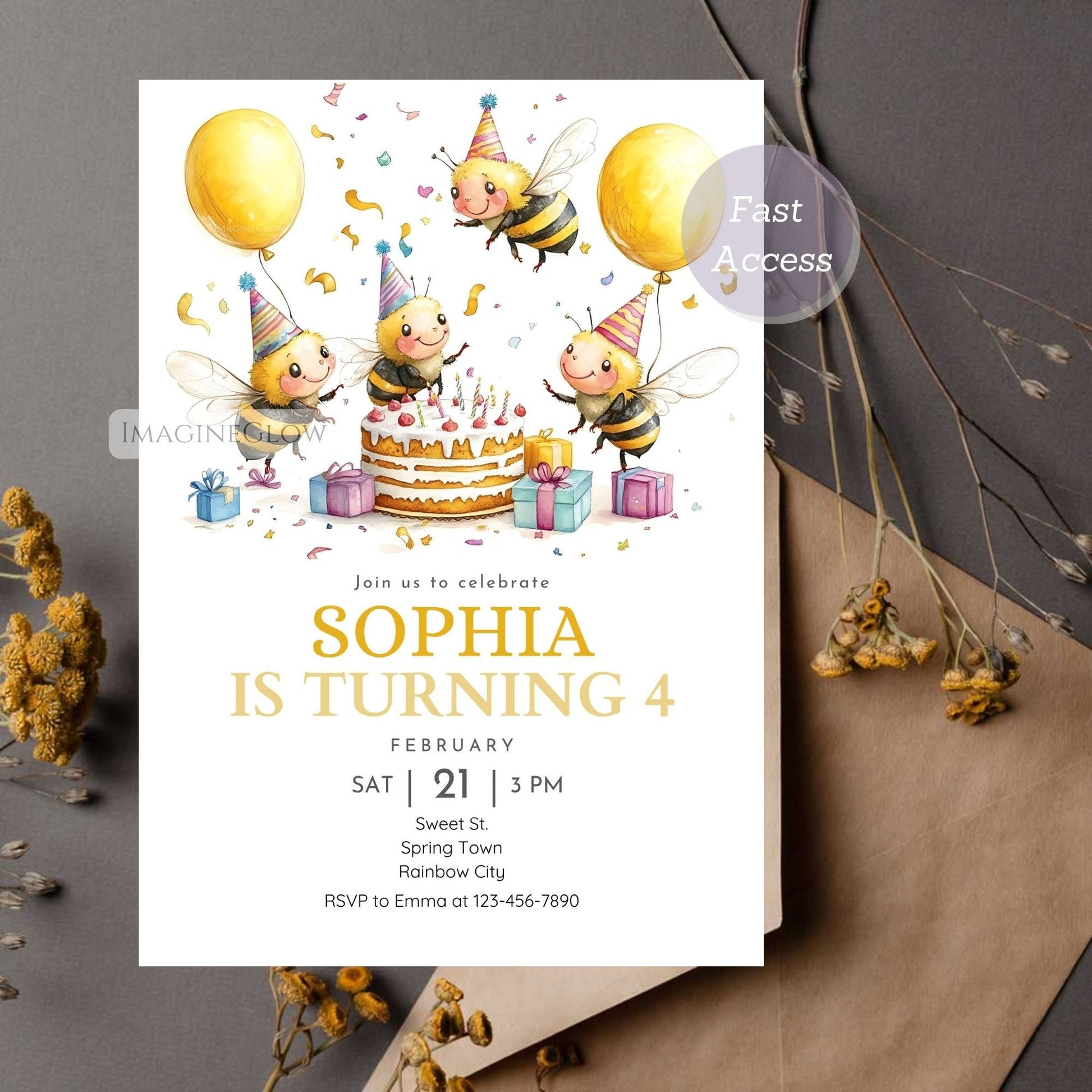 Editable bee birthday card in Canva
Summer garden party bee invitation