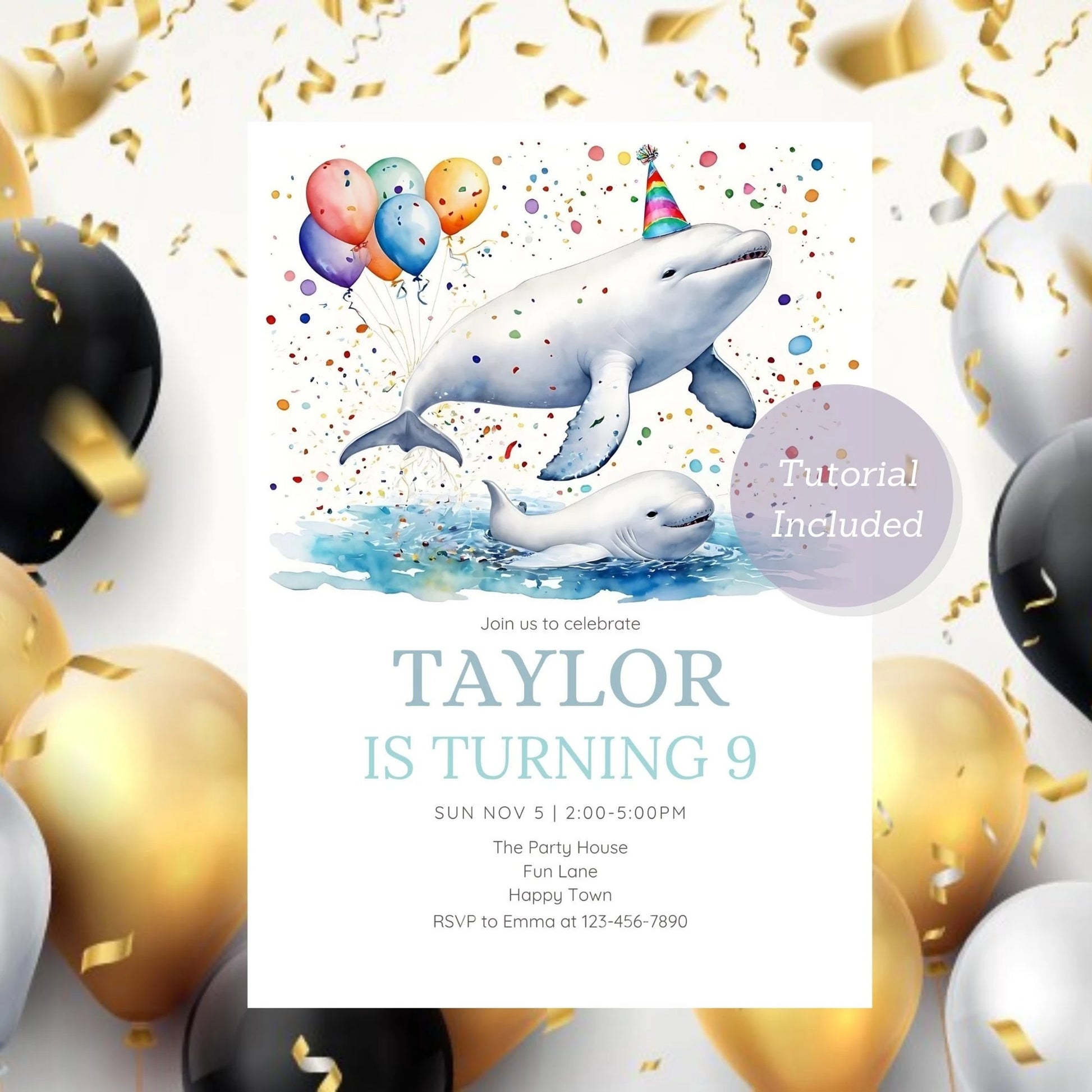 Customizable ocean party invitation with a beluga whale design.