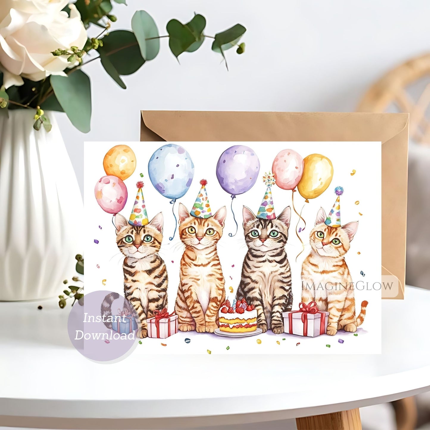 Birthday card with four cats wearing party hats and balloons