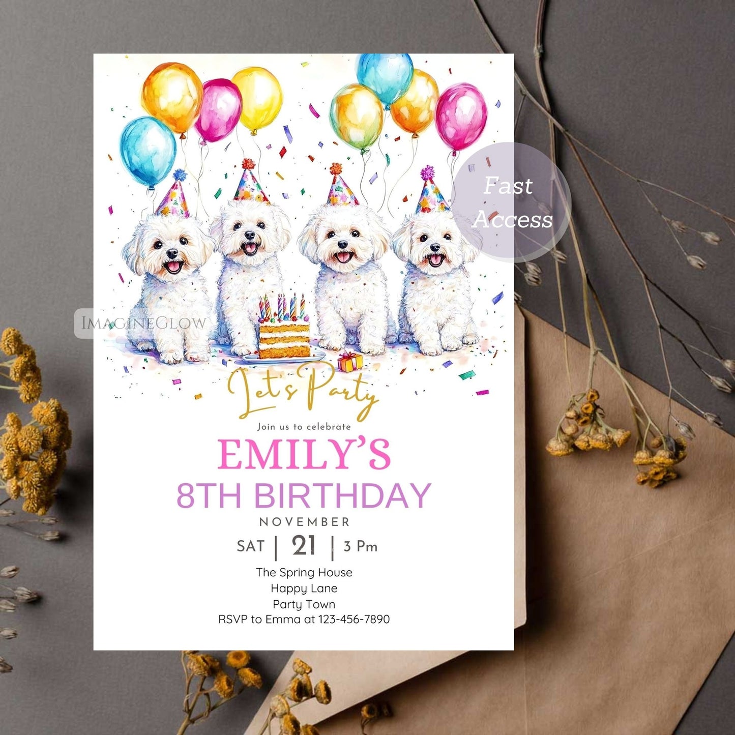 Cute and fun Maltese dog birthday invitation.