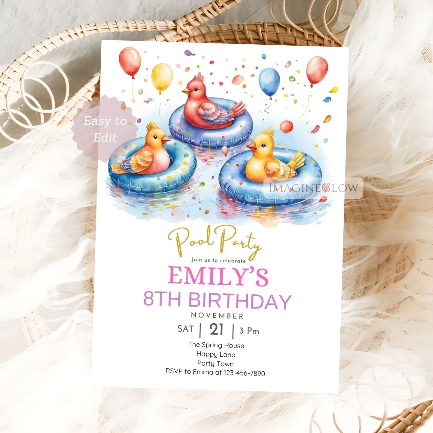 Bird Pool Party Birthday Invitation for kids