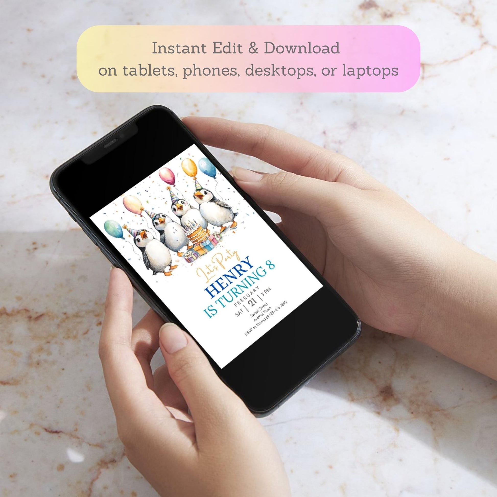 Ocean-themed puffin birthday card template