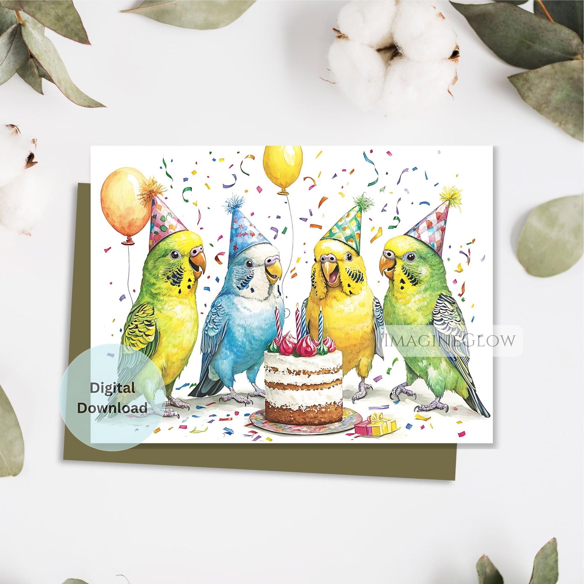 Birthday card with colorful parakeets around a cake on a white background