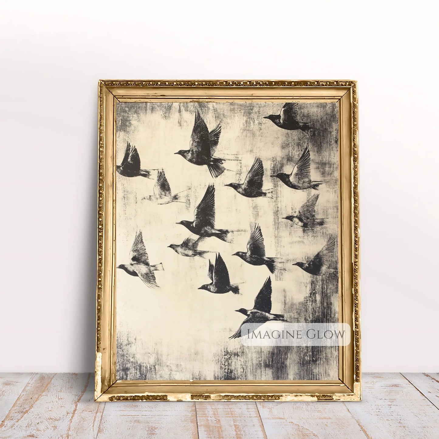 Flock of birds in flight vintage print