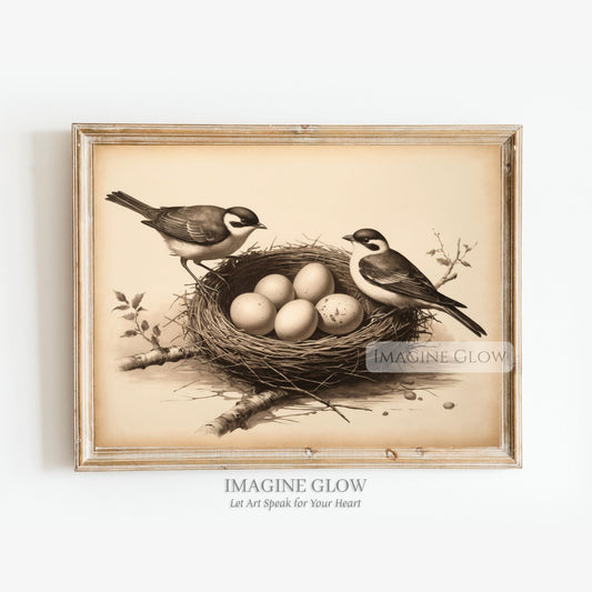 Bird nest with eggs vintage wall art print
