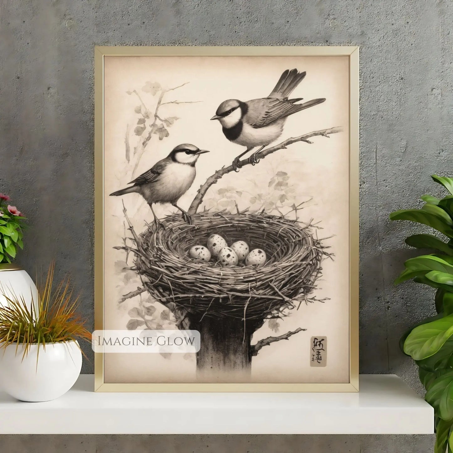 Spring painting of a bird nest with delicate eggs