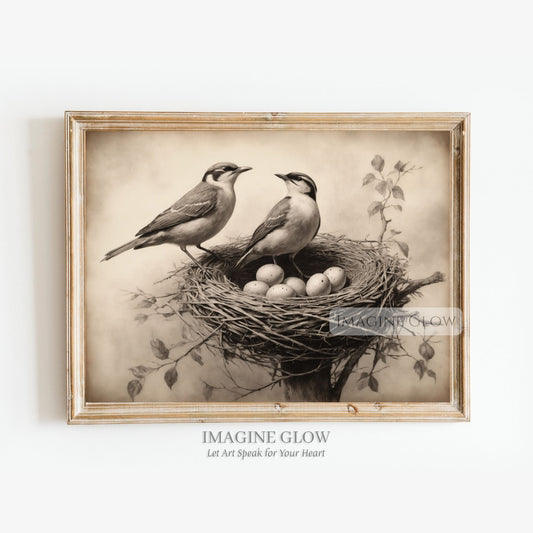 Bird nest with eggs vintage art print
