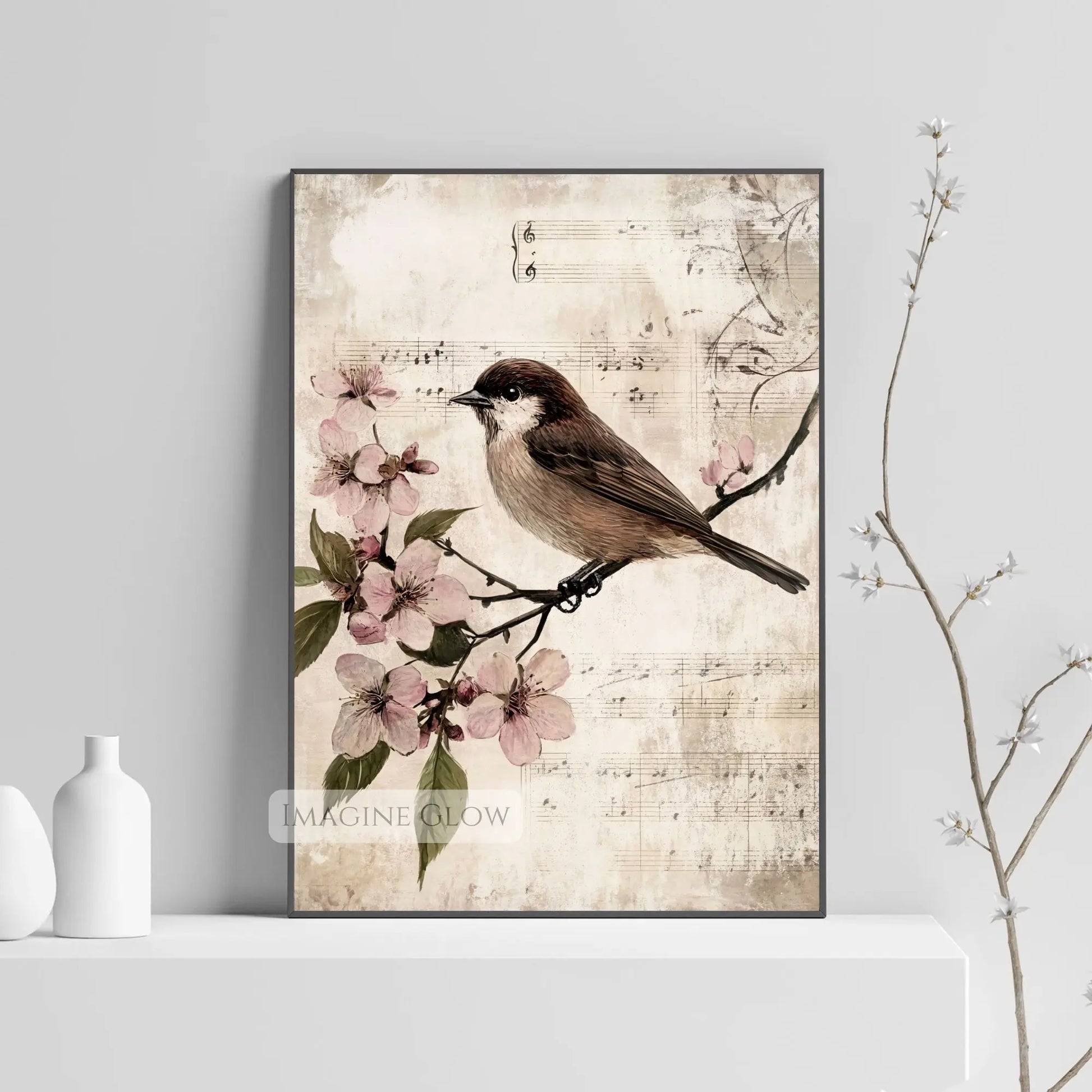 Bird perched on blossoming tree branch vintage wall decor