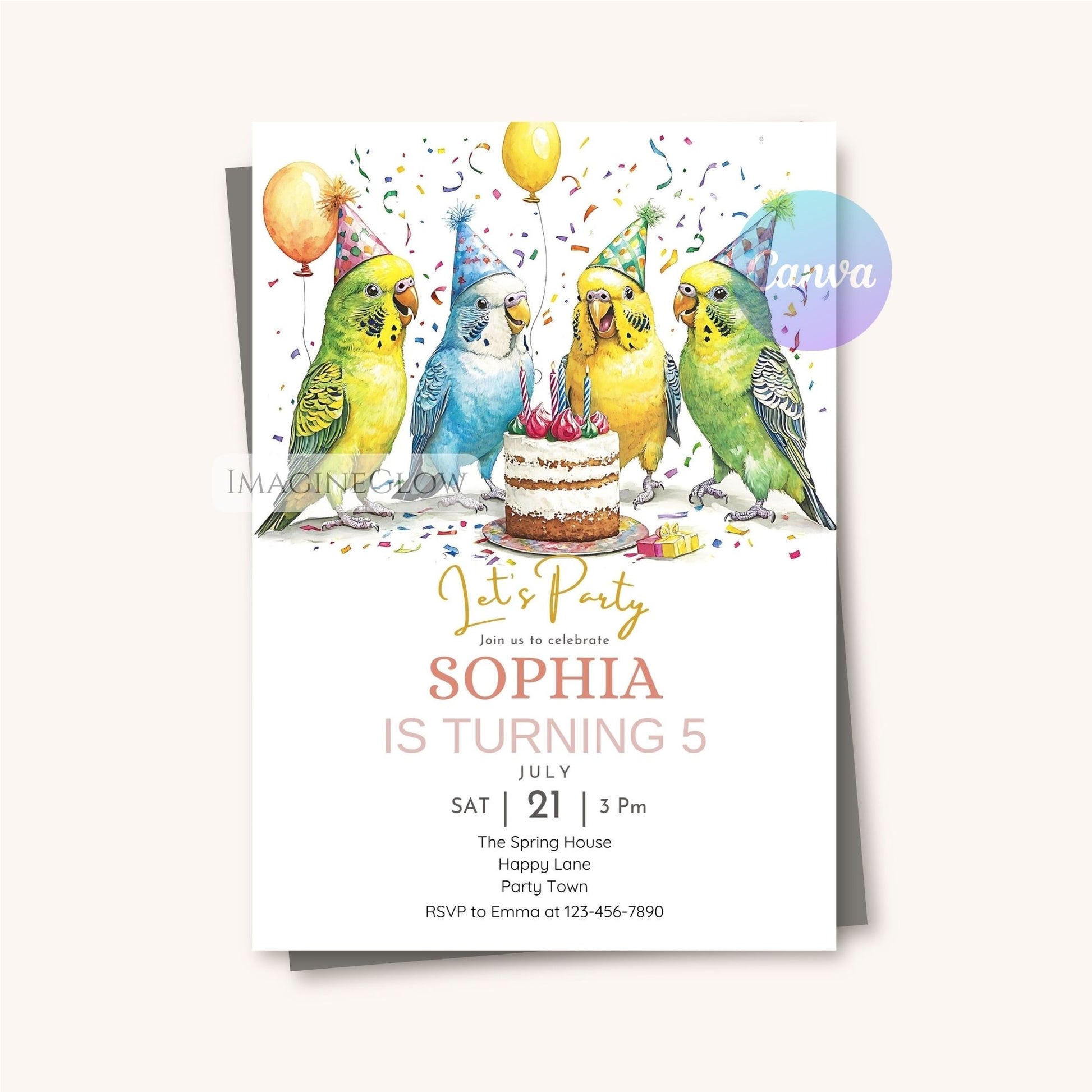 Personalized parakeet birthday invitation template
Instant download editable parakeet party invitation