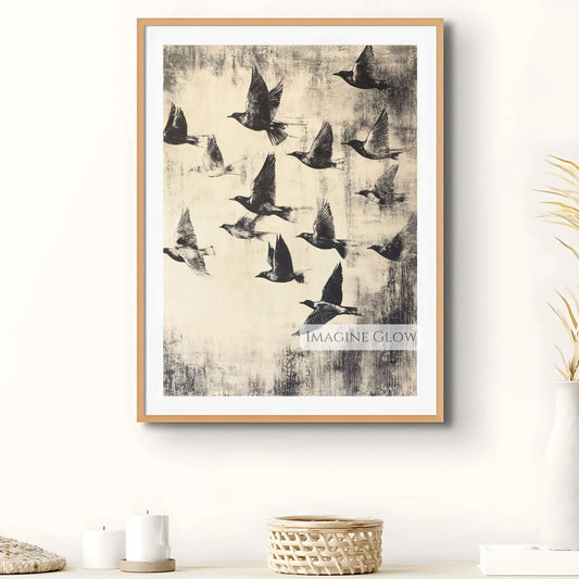 Antique bird migration print elegant nature art