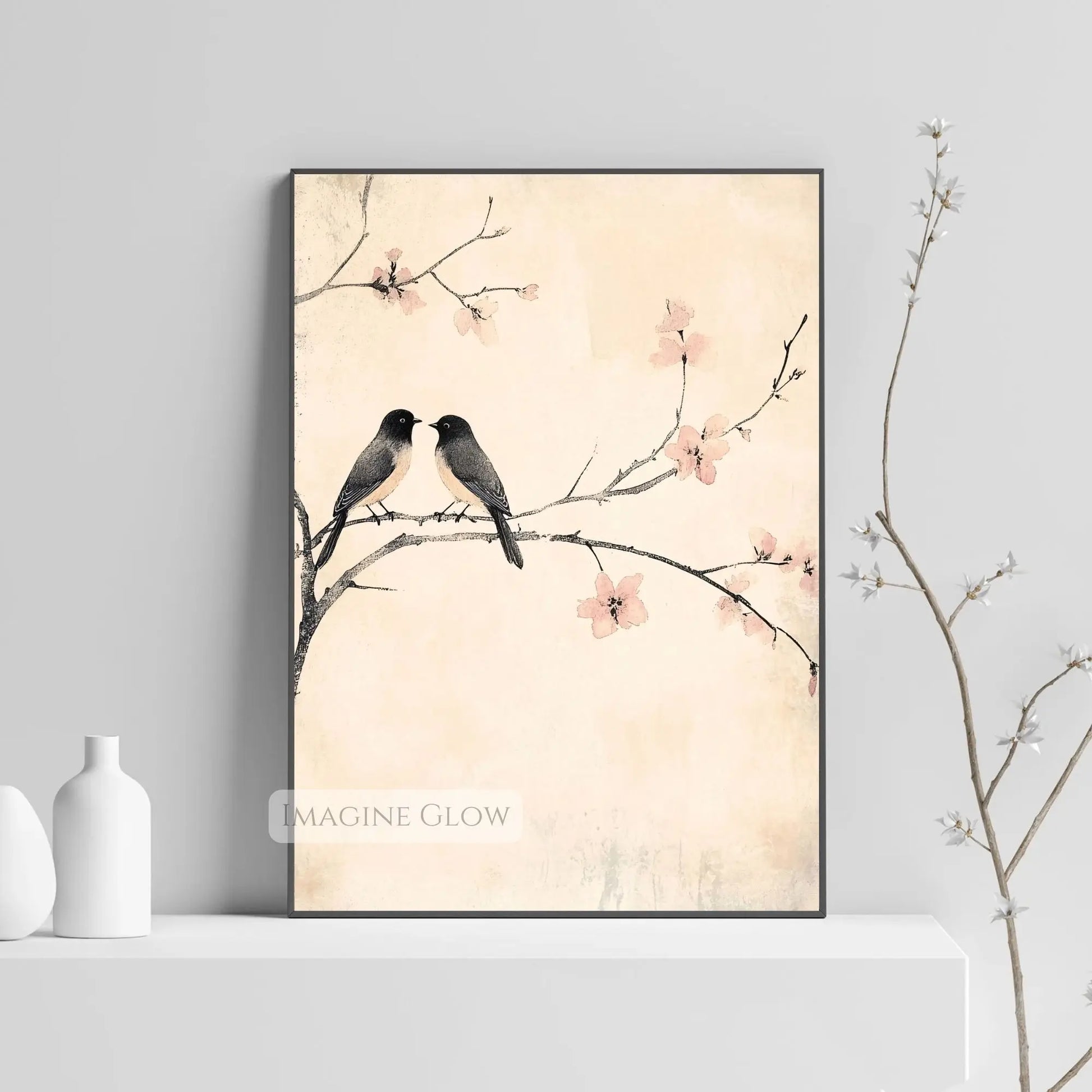 Antique birds perched on a flowering tree branch