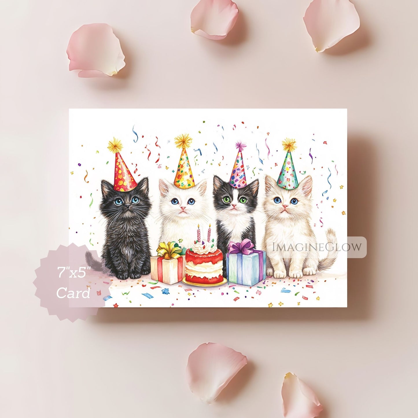 Card with four kittens in party hats around a birthday cake and presents on a light pink background.
