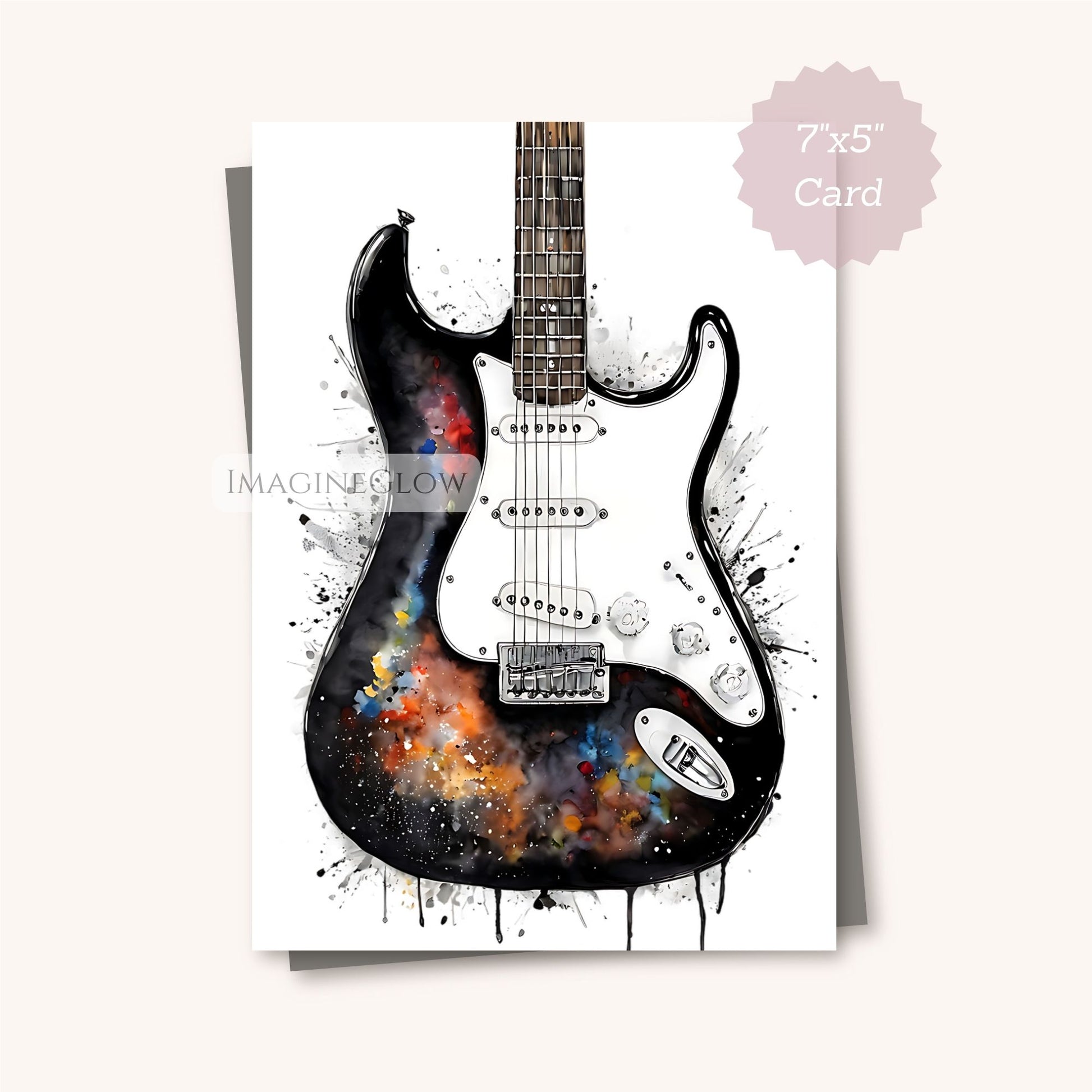 Greeting card with a colorful electric guitar design on a white background