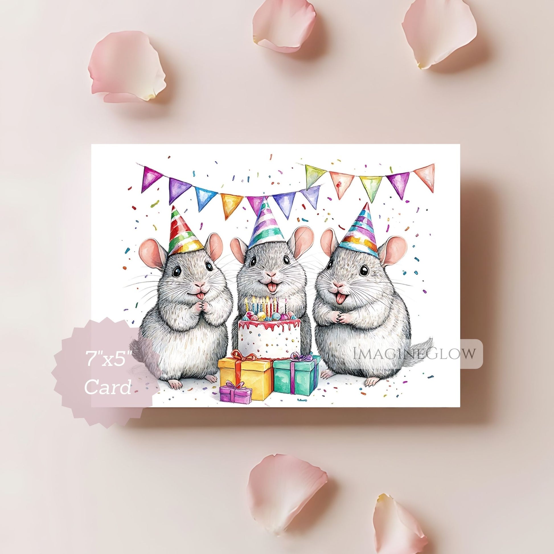 Birthday card with three rats wearing party hats around a cake and presents on a light pink background.