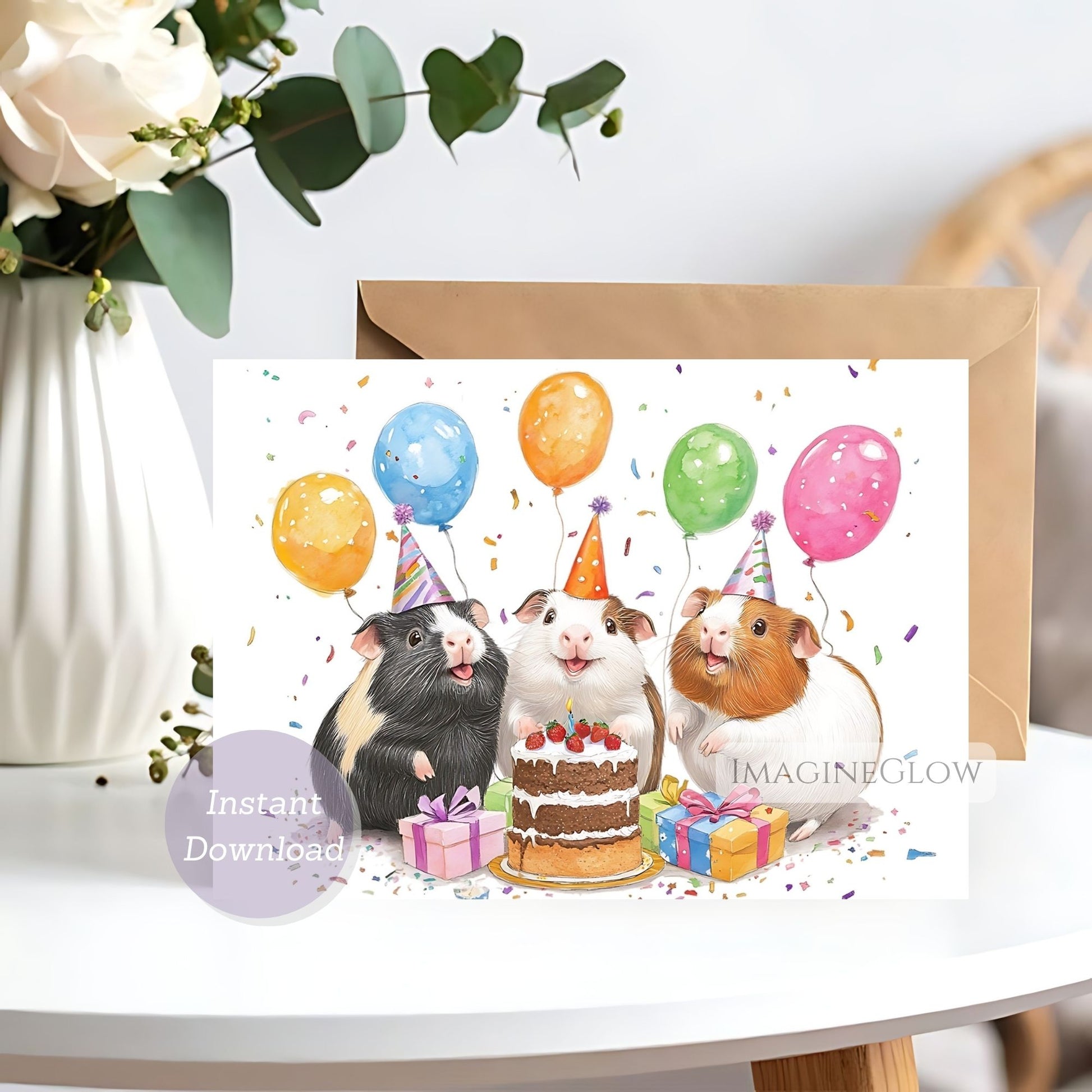 Greeting card with three rats celebrating a birthday, surrounded by balloons