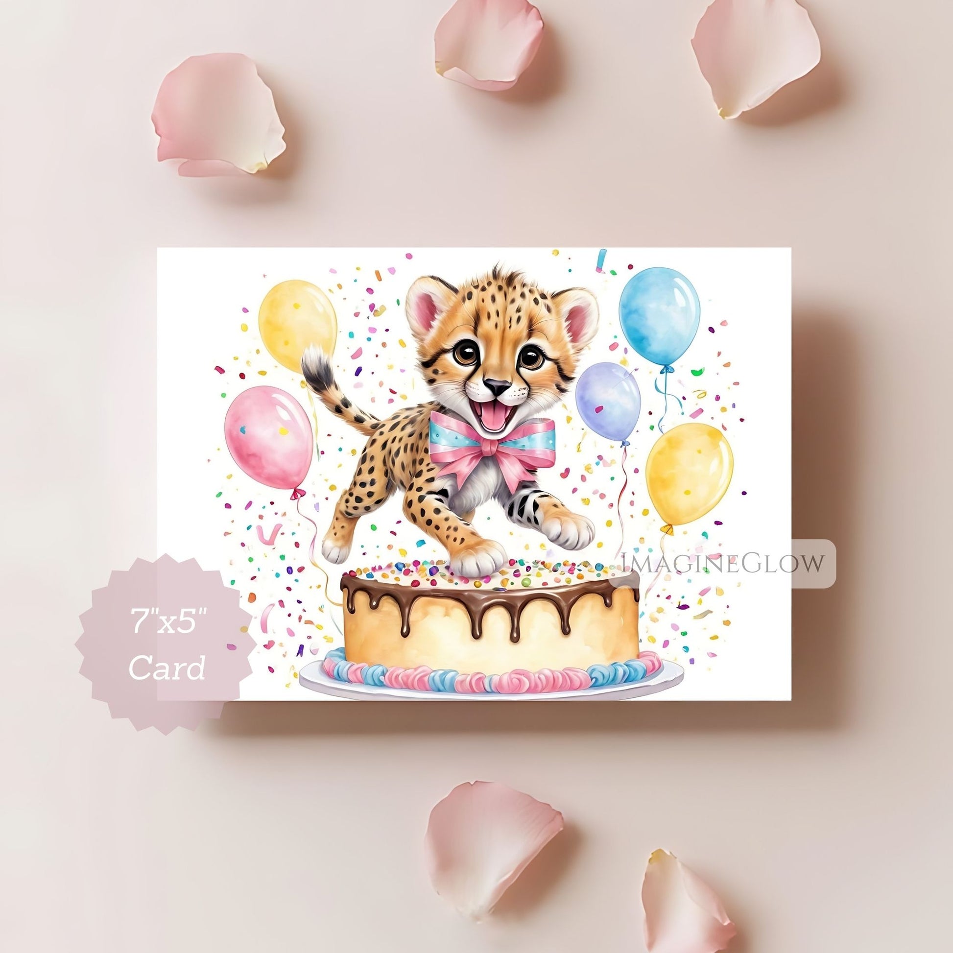 Birthday card with a cheetah on a cake surrounded by balloons and confetti