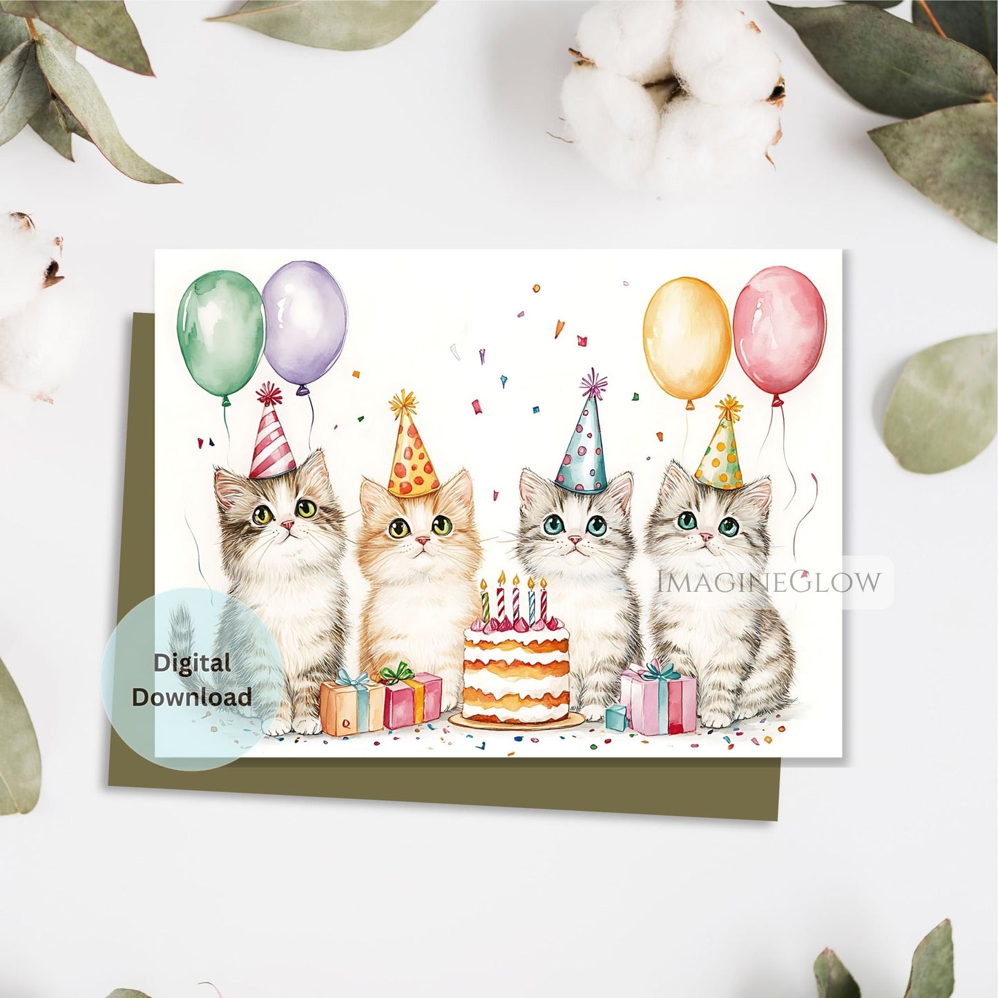 Birthday card with four cats wearing party hats, balloons, and a cake on a white background.