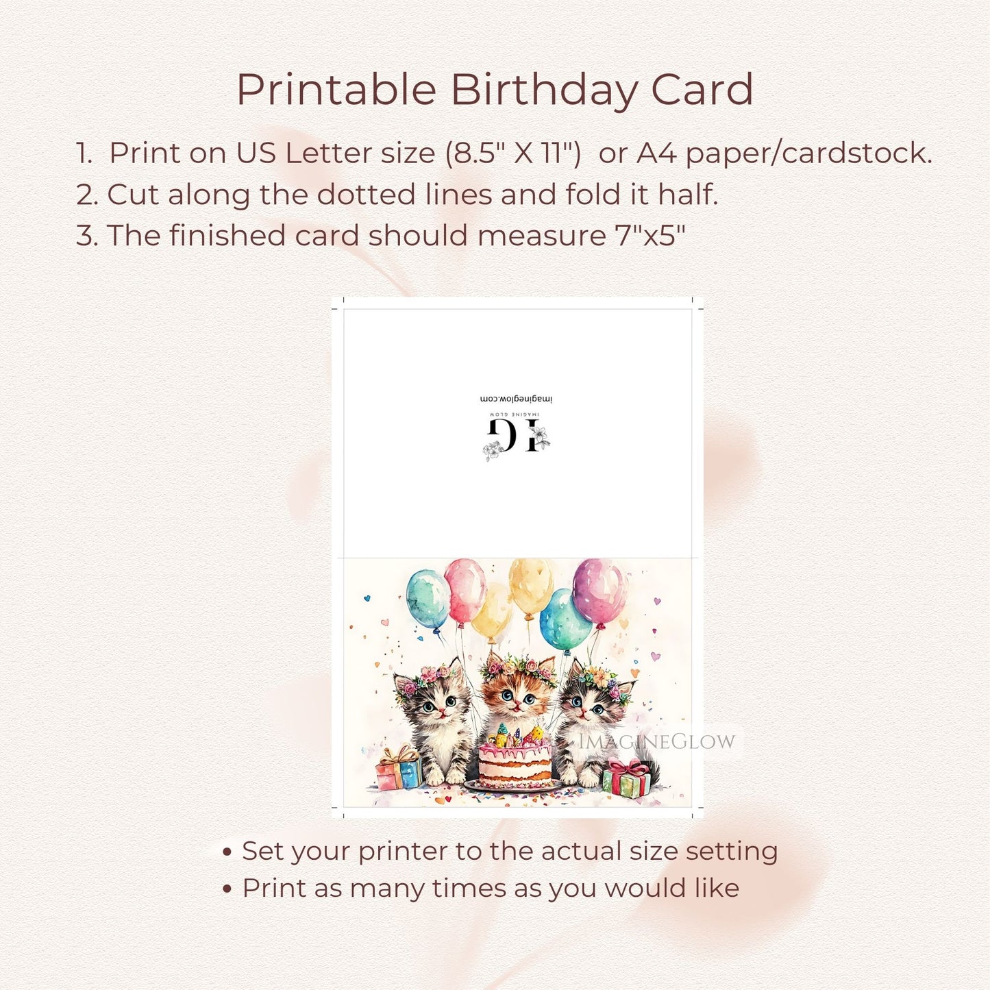 Birthday card with adorable kitten and spring flowers
Printable floral cat birthday greeting card
