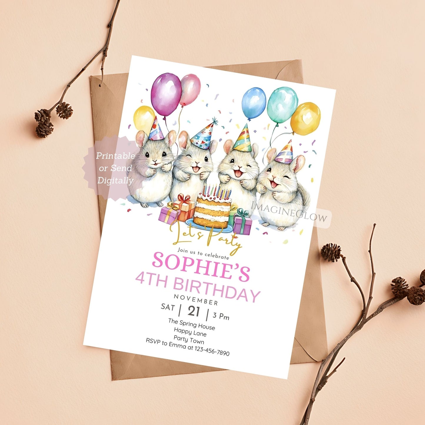Chinchilla birthday invitation printable card