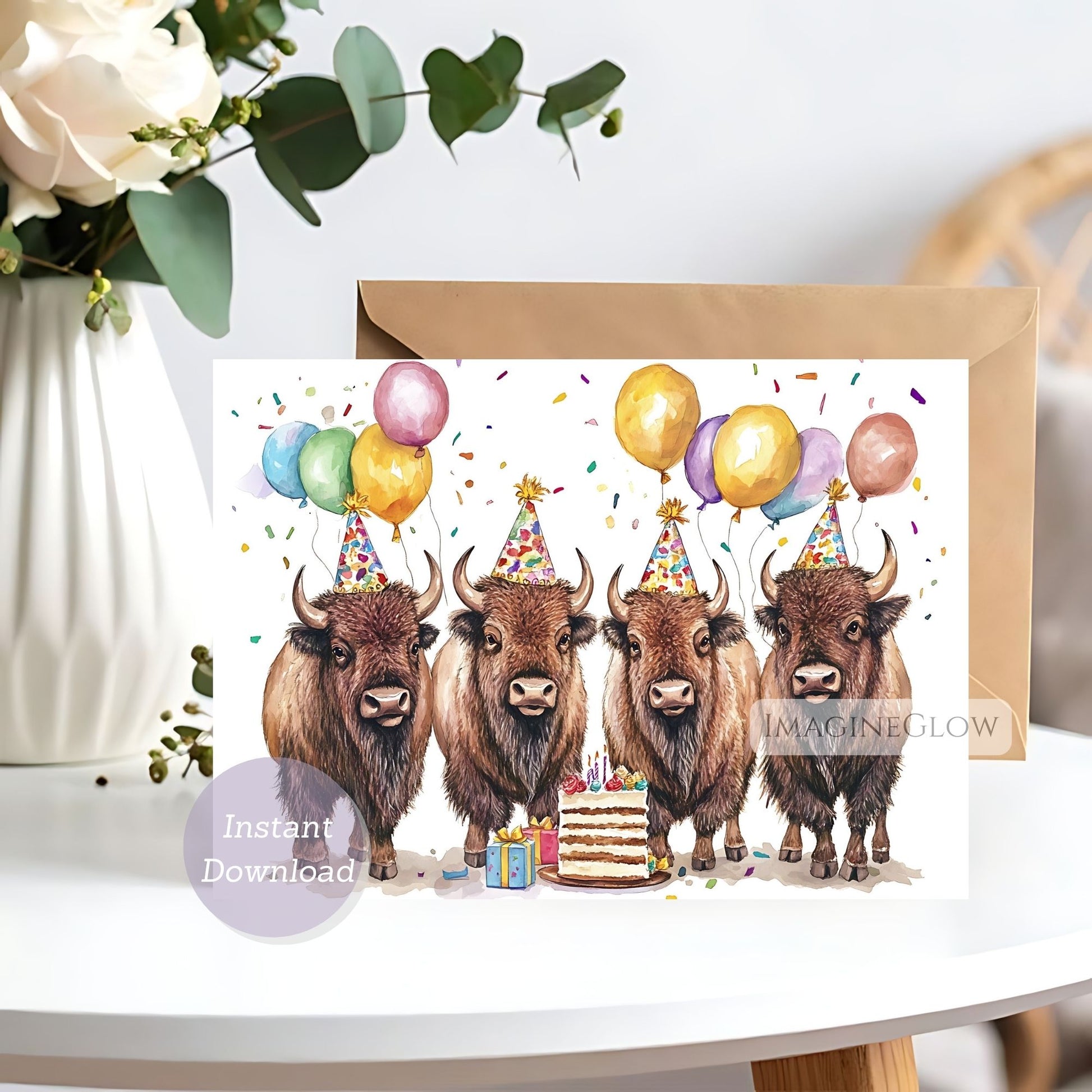 Birthday card with bison wearing party hats and balloons on a white surface.