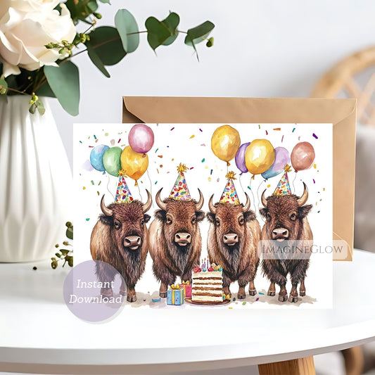 Birthday card with bison wearing party hats and balloons on a white surface.