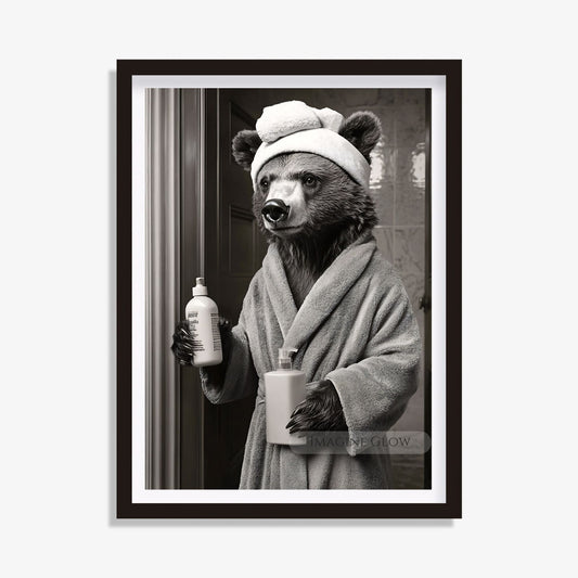 Bear print animal bathroom wall art black and white