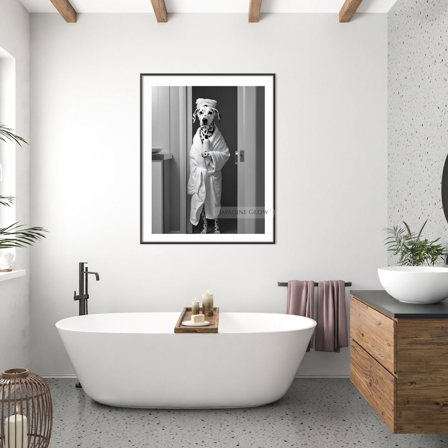 Funny Dalmatian dog in a bathrobe, black-and-white bathroom art