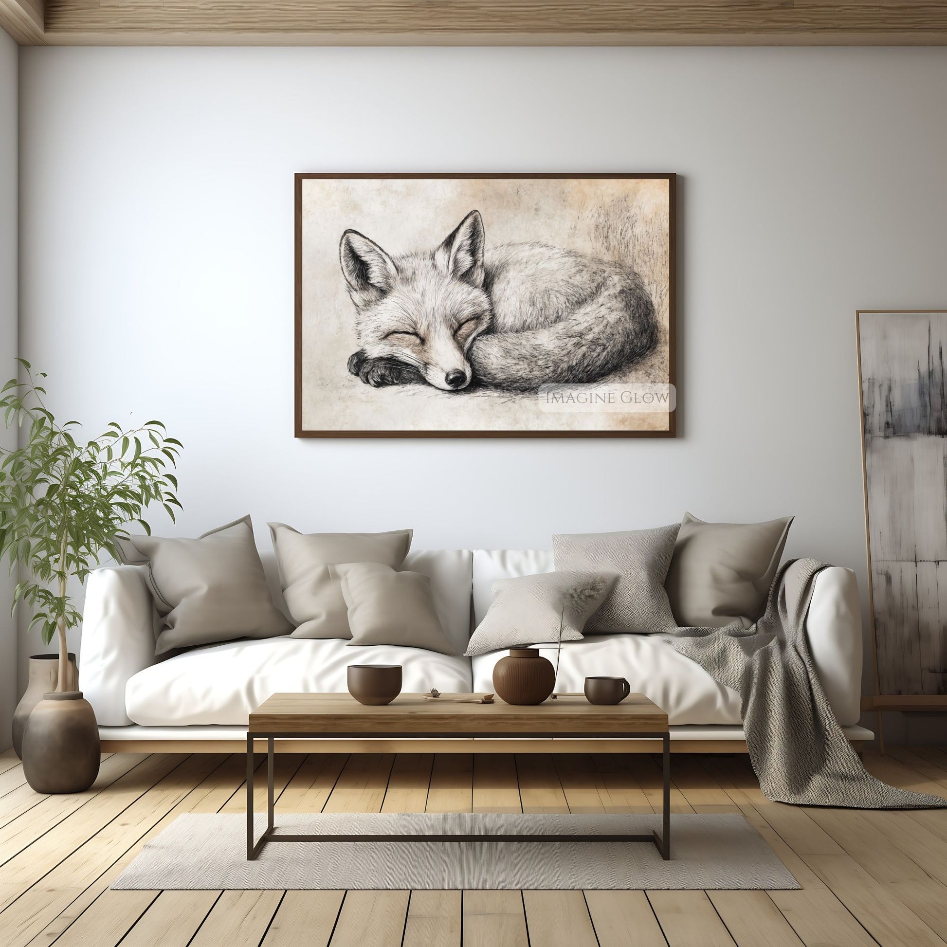 Black and white fox drawing for vintage decor.