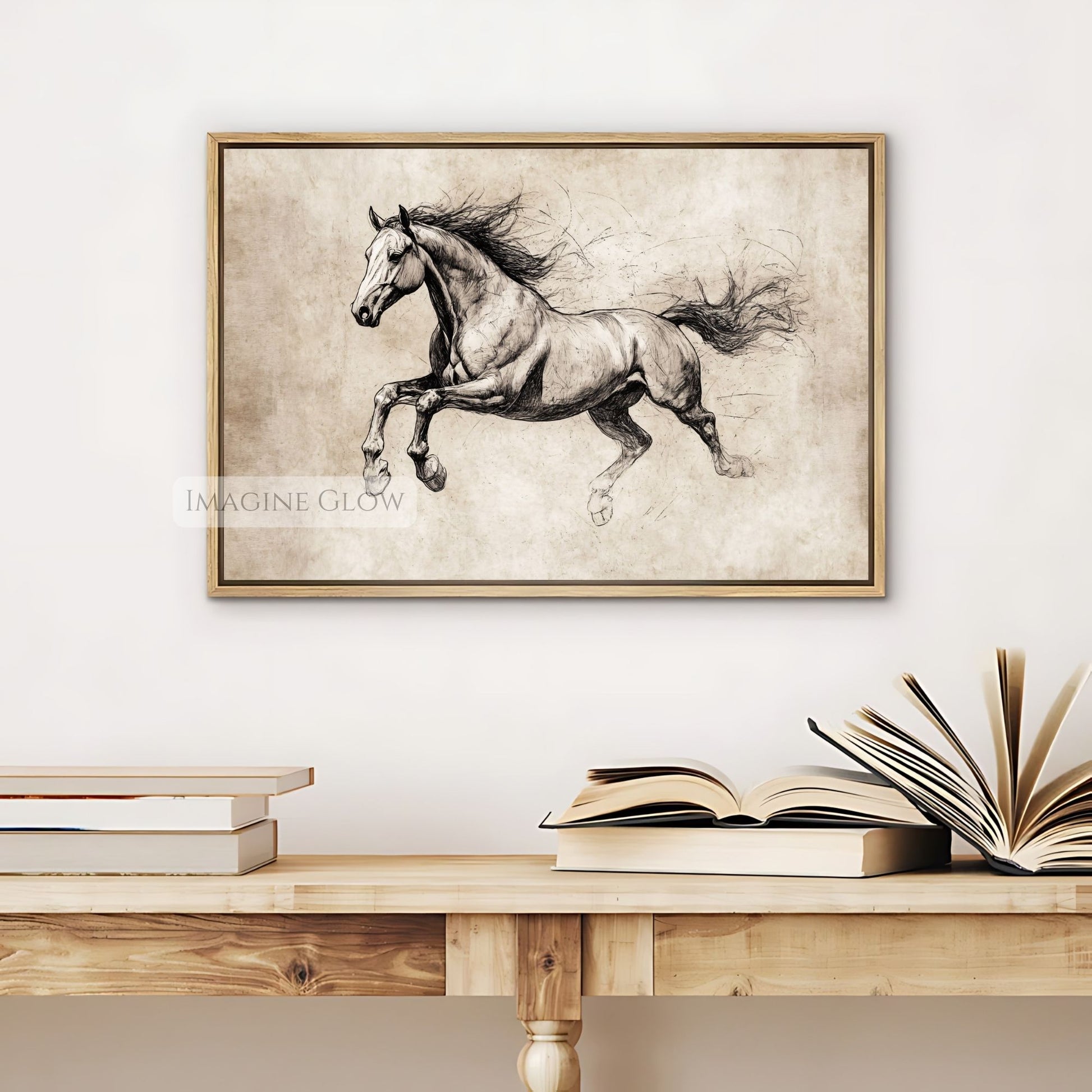 Black and white horse drawing for rustic spaces.