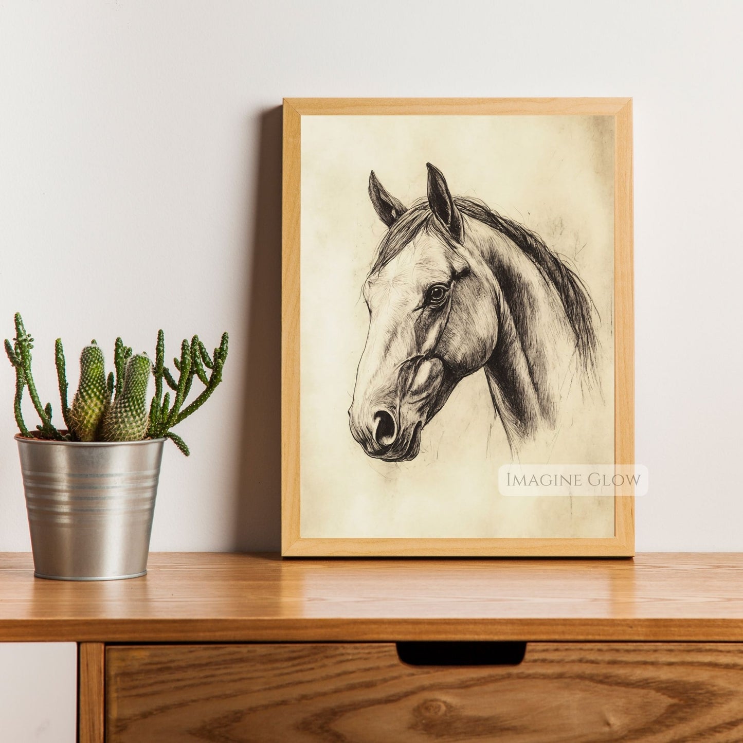 Elegant black and white horse sketch print.