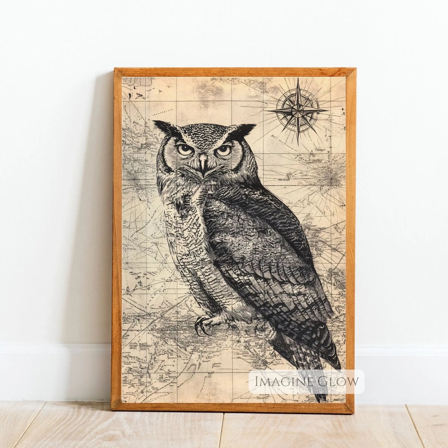 Nature owl on vintage map wall decor