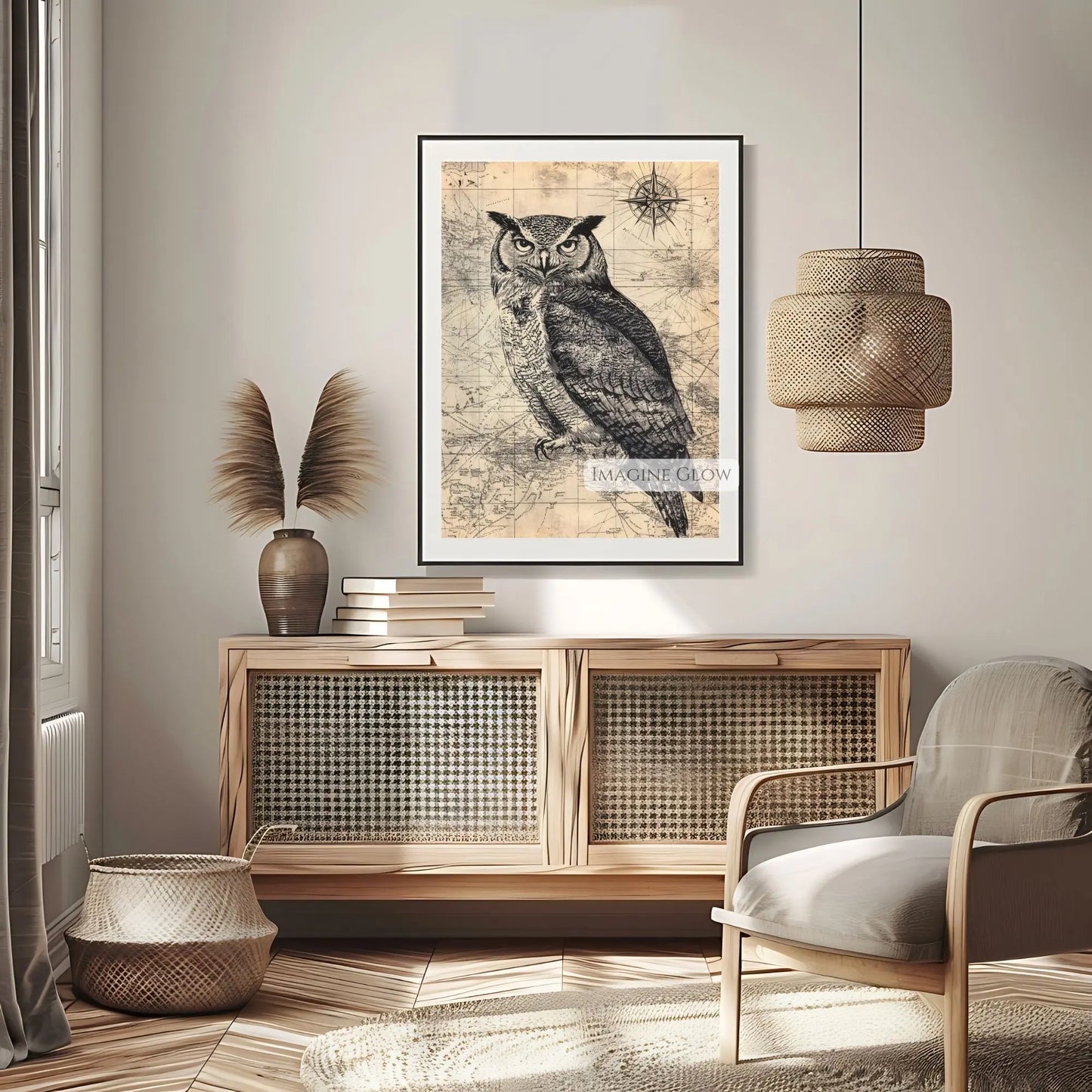 Monochrome owl on map vintage wall art