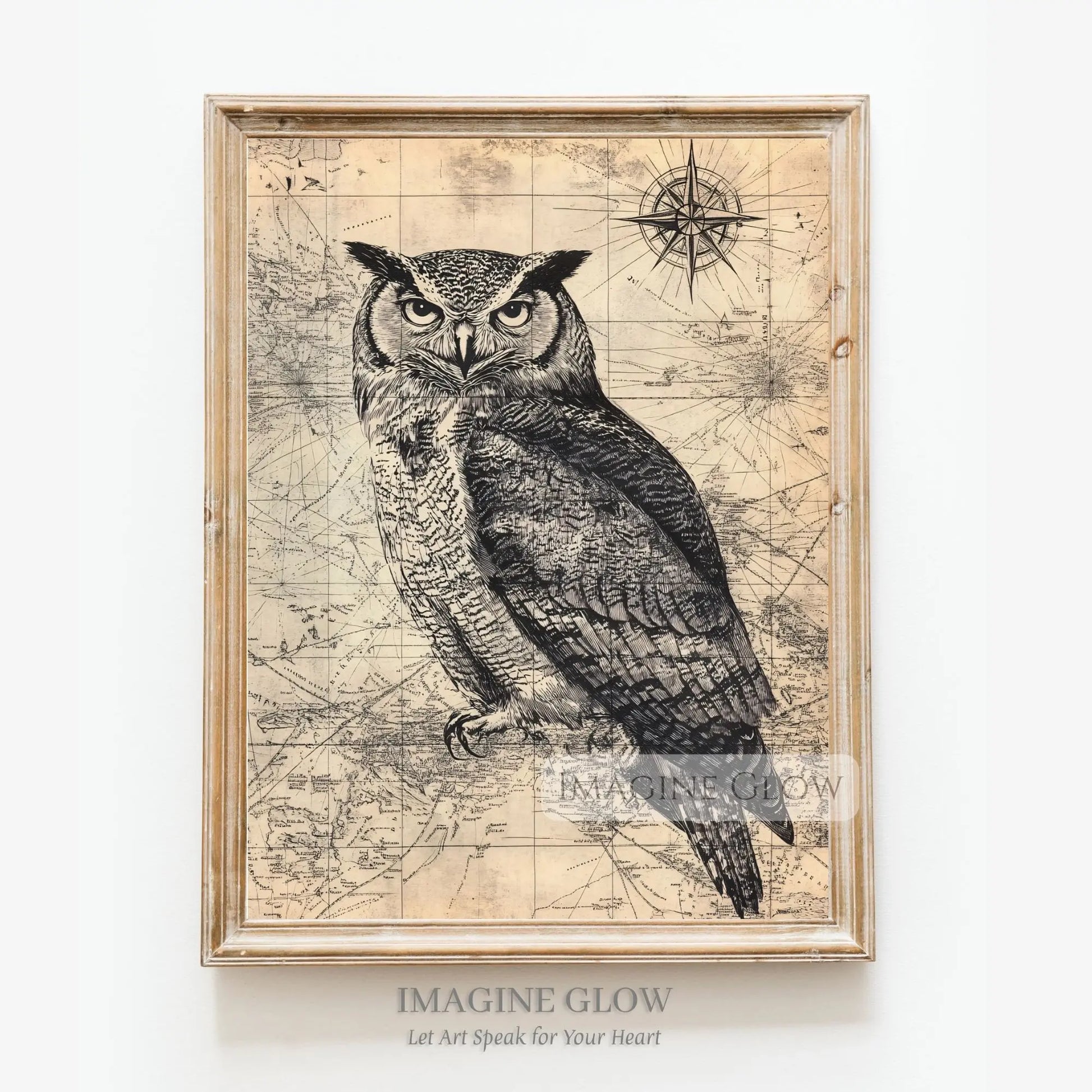 Black and white owl bird on antique map