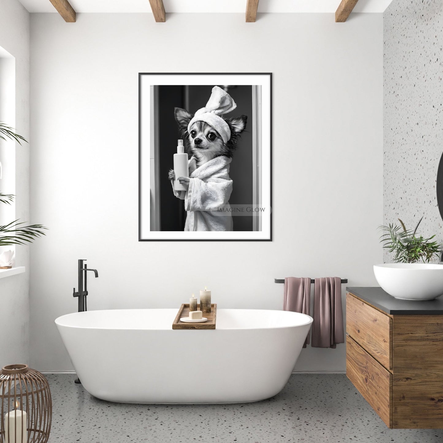 Funny Papillon dog in bathrobe, black-and-white bathroom art