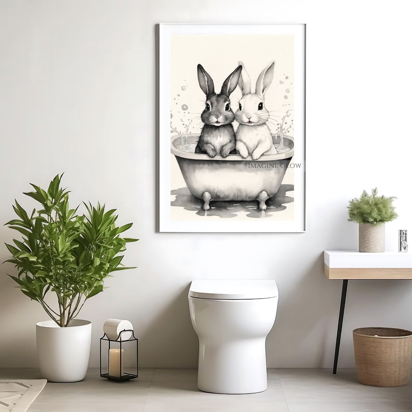 Whimsical bunny bathtub black-and-white decor