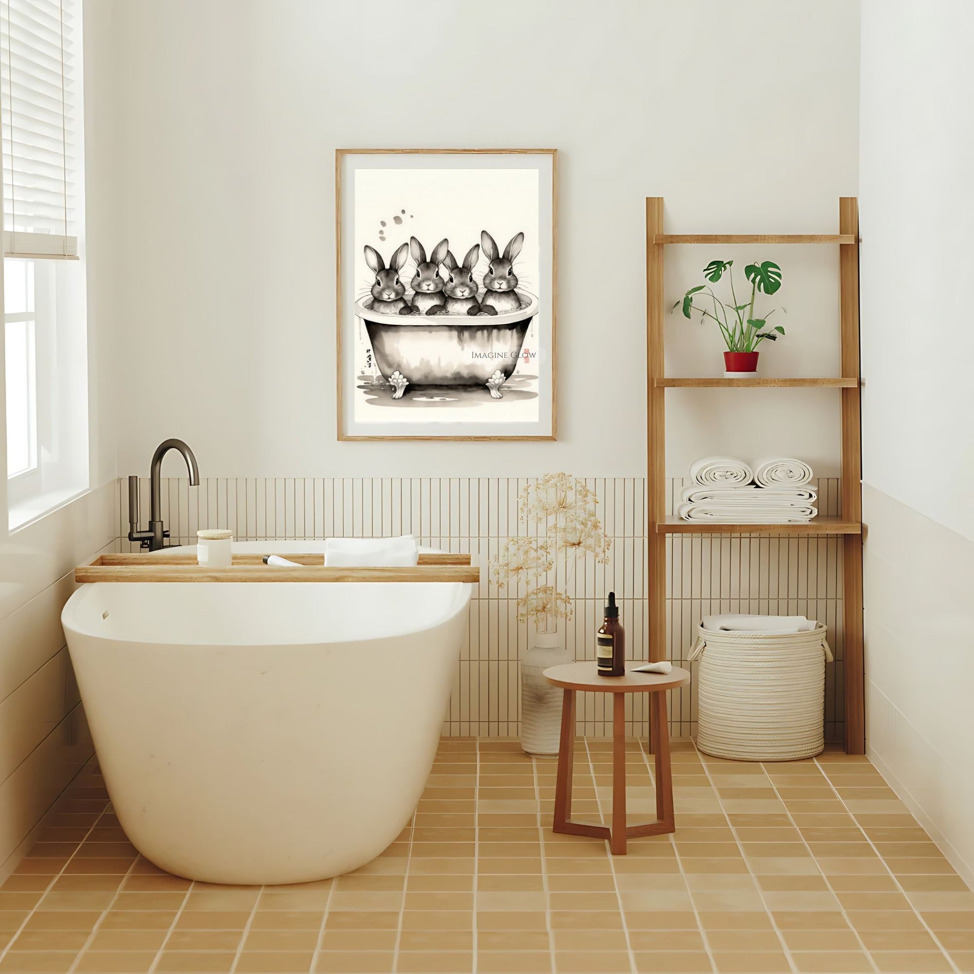 Cute bunny bathroom decor black-and-white print