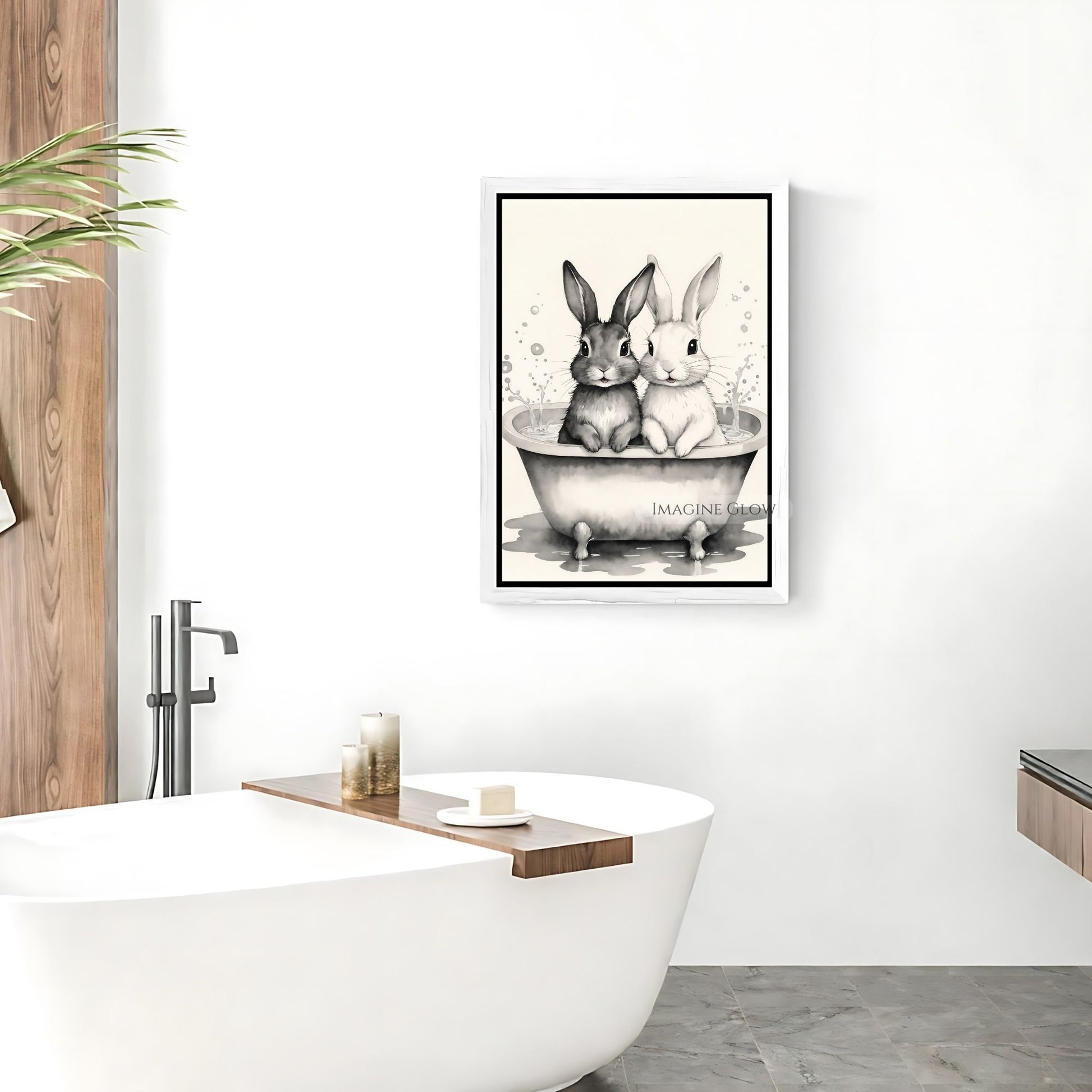 Funny rabbit restroom poster black and white