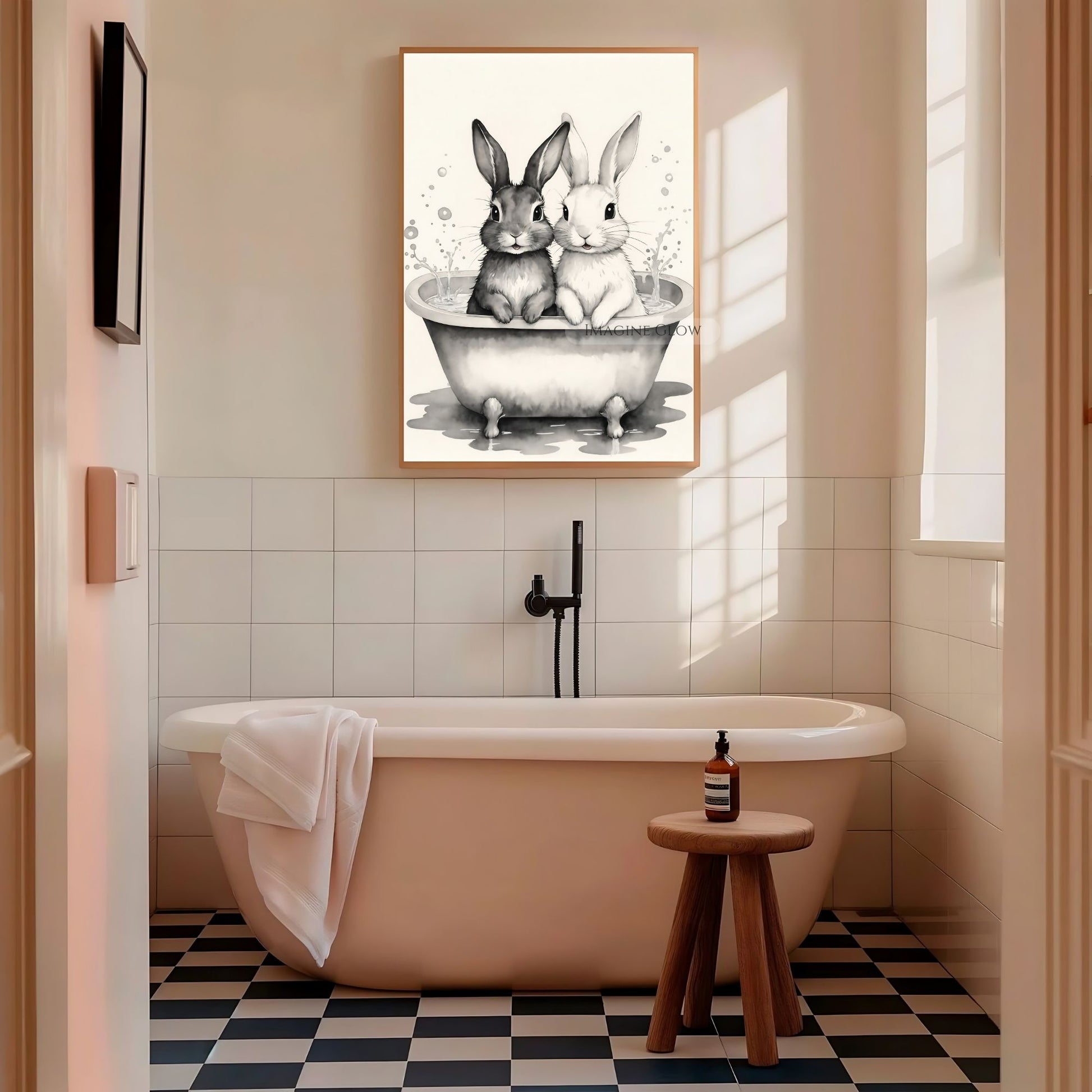 Black and white two bunnies soaking in a bathtub