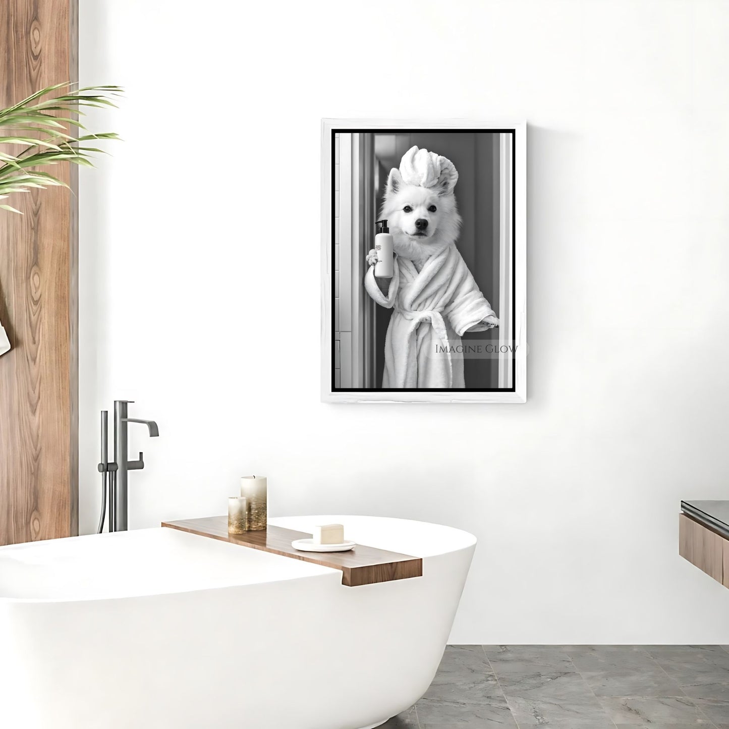 Samoyed bathroom decor featuring a dog in a robe