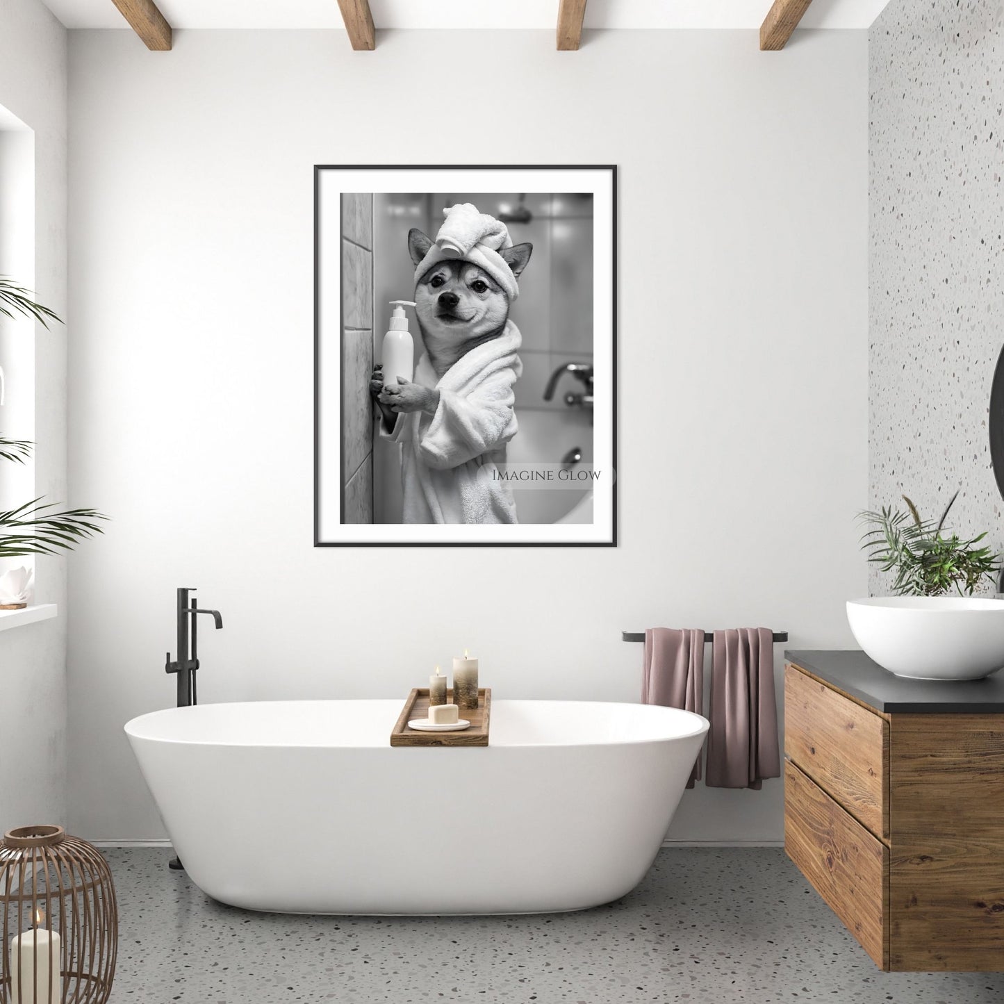 Shiba Inu bathroom decor featuring a dog in a robe