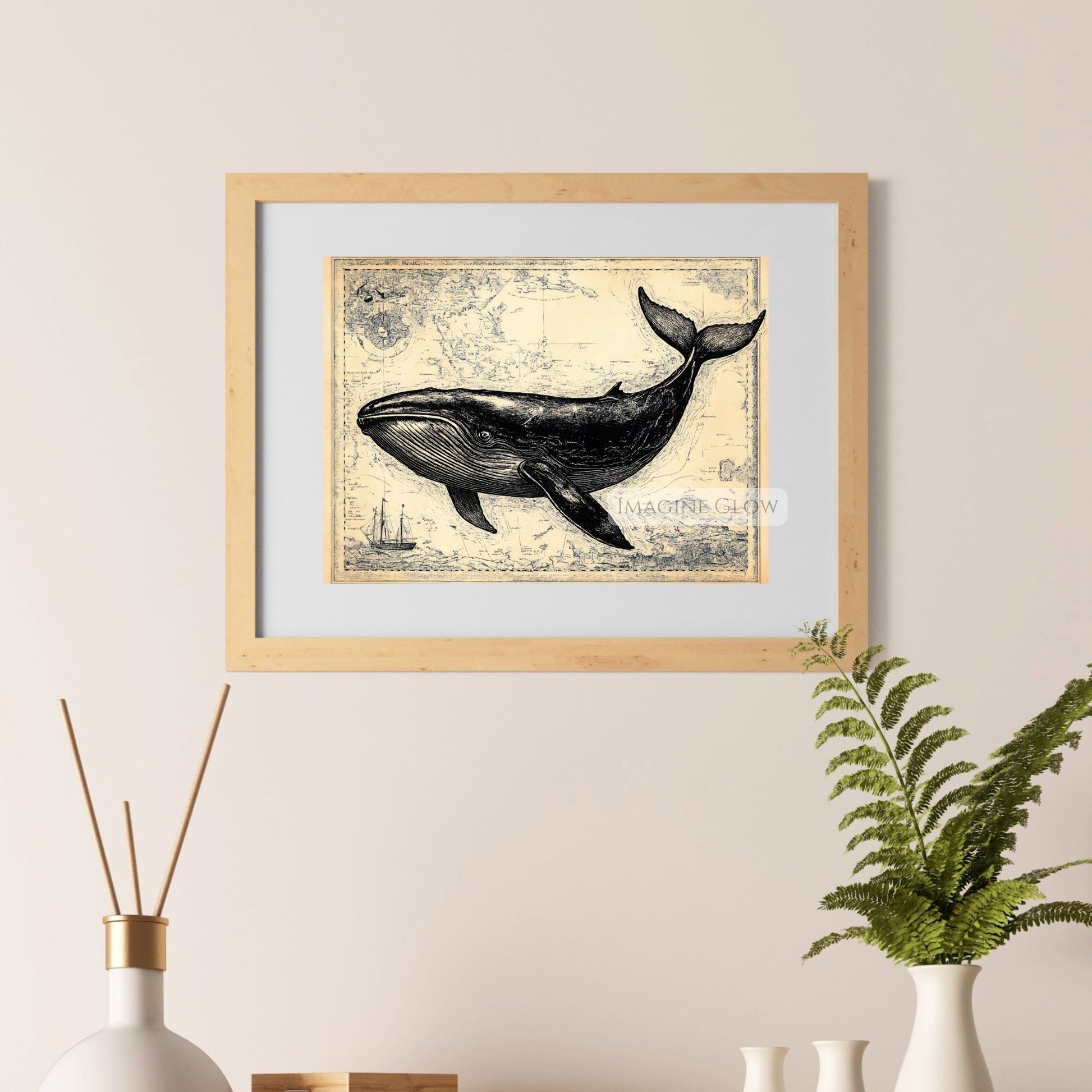 Rustic vintage whale illustration for ocean lovers.