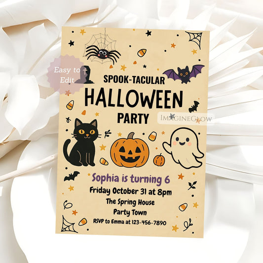 Halloween party invitation with black cat, pumpkin, and ghost on a beige background.
