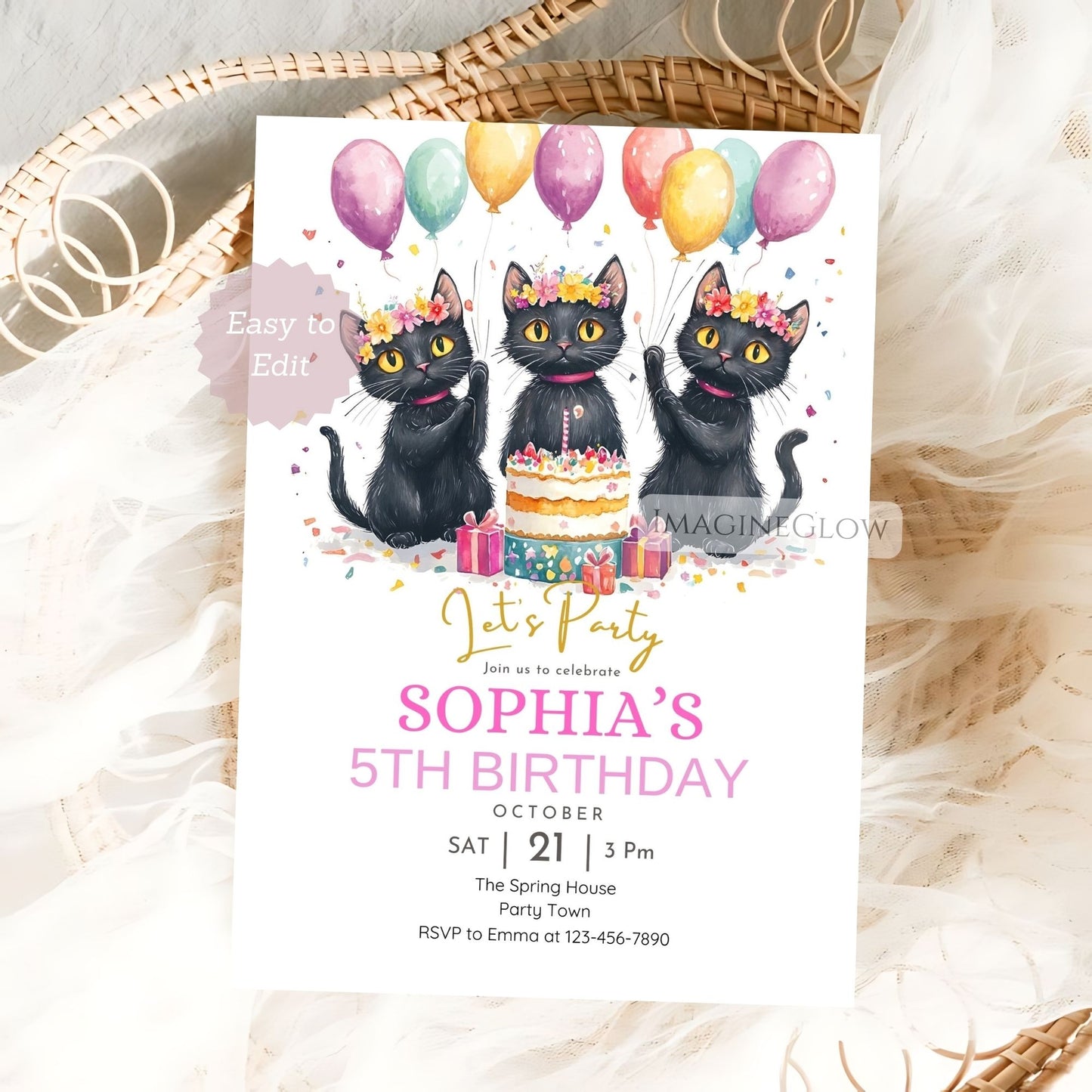 Birthday invitation card with three black cats, balloons, and a cake on a white background.
